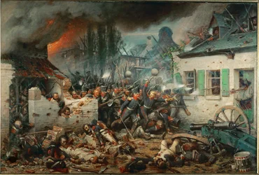 Pruisische troepen bestormen het dorp Plancenoit tijdens de Slag bij Waterloo (olieverf op doek)