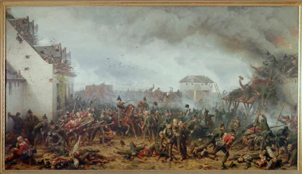 De verdediging van de boerderij La Haye Sainte, Slag bij Waterloo, Napoleons laatste nederlaag (olieverf op doek)