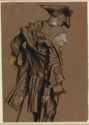 Model van de kunstenaar, gezien van achteren, aantrekken van een achttiende-eeuws uniform
