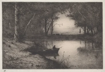 Visser in een boot aan de oever van een rivier