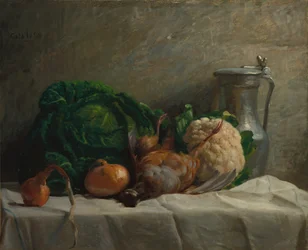 Stilleven met groenten, patrijs en een kruik