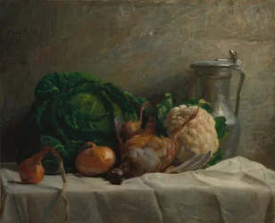 Stilleven met groenten, patrijs en een kruik, 1858