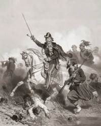 Koning Victor Emmanuel II bij de Slag om Palestro (prent)