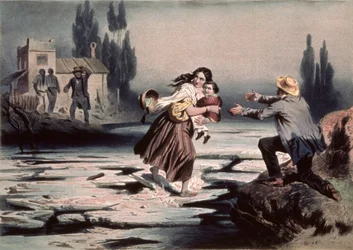 Eliza steekt de ijsschotsen van de Ohio-rivier over naar vrijheid, illustratie uit 
