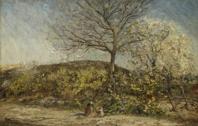 Landschap met bloeiende boomgaard