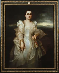 Portret van een Dame in een Witte Jurk geborduurd met Parels