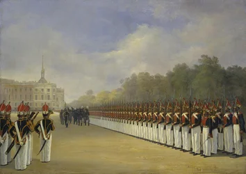 Parade van het Pavlovsky Garderegiment op het Marsveld in Sint-Petersburg, 1830s