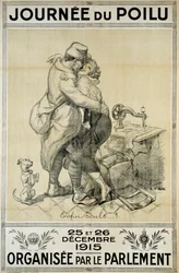 Eerste Wereldoorlog: poster ter ere van soldaten die de hereniging van een paar vertegenwoordigen voor de Dag van de Harige op 25 en 26 december