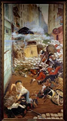 Gavroche heeft de barricade. Illustratie bij “Les Misérables” van Victor Hugo (1802-1885). Schilderij van Adolphe Willette (1857-1926), 19e eeuw, Parijs, Maison Victor Hugo