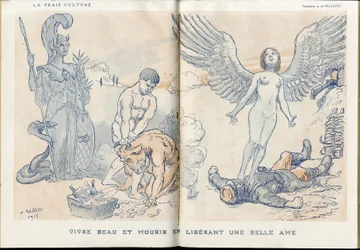 Illustratie van Adolphe dit Willette (1857-1926) in Fantasio, 01/05/15 - Mooi leven en sterven door het loslaten van een mooie ziel - Oorlog van 14-18, Dode lijken, Barbarij/Kultur, Jam van Schedel - Soldaten