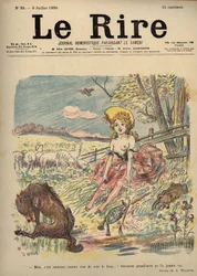 Roodkapje - herderin topless, Roodkapje - Maar het is leuk om de wolf te zien...! Waarschijnlijk heeft grootmoeder hem nooit gezien. Tekening van A. Willette voor Le Rire, nummer 35, 6 juli