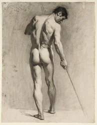 Modeltekening van een mannelijk naakt met wandelstok, ca. 1910-12