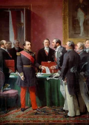 Keizer Napoleon III (1808-1873) overhandigt aan Baron Georges Haussmann (1809-1891) het decreet van annexatie van de naburige gemeenten in juni 1859