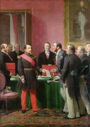 Napoleon III (1808-73) Overhandigt Het Decreet voor de Annexatie van de Buitenwijken van Parijs aan Baron Georges Haussmann (1809-91) in juni 1859