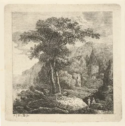 Bergachtig landschap met bomen, kasteel en twee figuren