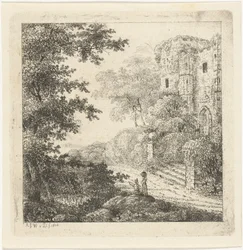 Landschap met figuren bij ruïne van kasteel