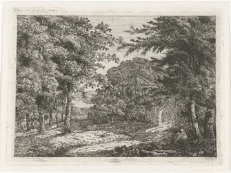 Landschap met kapel tussen bomen en lezende monnik