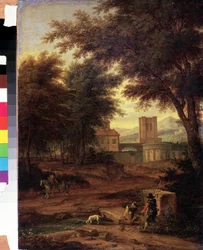 Italiaans landschap met pelgrims