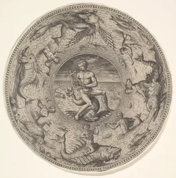 Arion op een dolfijn omringd door een rand versierd met zeedieren, uit een set, 1580-1600