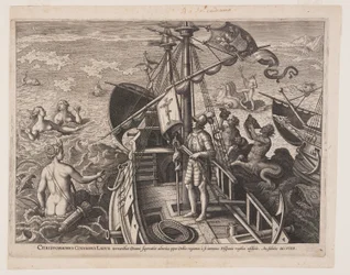 Christoffel Columbus op zijn schip, uit Americae Retectio (De ontdekking van Amerika)
