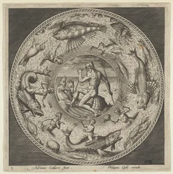 Ontwerp voor een Bord met Neptunus in een Schelp Getrokken door Paarden in een Medaillon Omrand door..., ca. 1600
