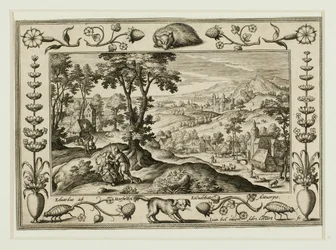 Juda en Tamar, uit Landschappen met scènes uit het Oude en Nieuwe Testament en Jachtscènes