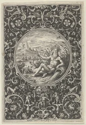 Neptunus in een decoratief kader met grotesken, uit het oordeel van Paris