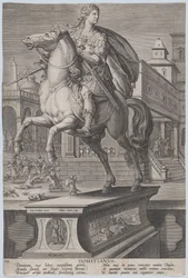 Plaat 12: ruiterstandbeeld van Domitianus, driekwart naar links gezien, ca. 1587-89