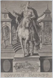 Plaat 1: ruiterstandbeeld van Julius Caesar, gezien van voren, met een scène van een, ca. 1587-89