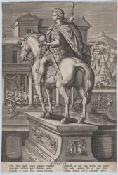 Plaat 2: ruiterstandbeeld van Augustus, met een globe en van achteren gezien, ca. 1587-89