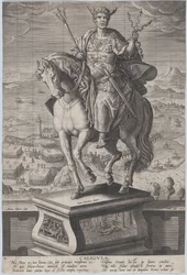 Plaat 4: ruiterstandbeeld van Caligula, driekwart naar links gezien, ca. 1587-89