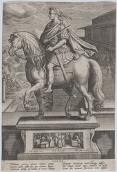 Plaat 7: ruiterstandbeeld van Galba, in profiel naar links, met een onthoofdingsscène, ca. 1587-89