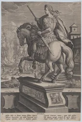 Plaat 8: ruiterstandbeeld van Otho, gezien van achteren, zijn sterfscène op de achtergrond, ca. 1587-89