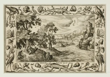Johannes op Patmos, uit Landschappen met scènes uit het Oude en Nieuwe Testament en Jachtscènes