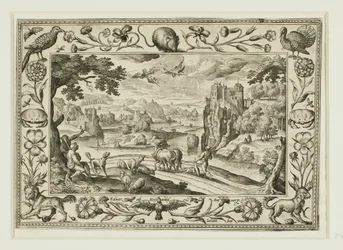 De val van Icarus, uit Landschappen met scènes uit het Oude en Nieuwe Testament en Jachtscènes