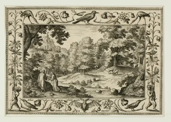 De verzoeking van Christus, uit Landschappen met scènes uit het Oude en Nieuwe Testament en Jachtscènes