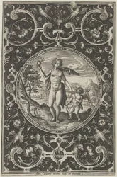 Venus en Cupido in een decoratief kader met grotesken, uit het oordeel van Parijs