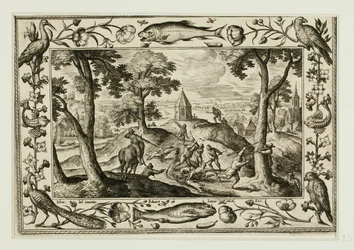 Wolvenjacht, uit Landschappen met scènes uit het Oude en Nieuwe Testament en Jachtscènes
