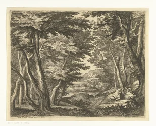 Landschap met drie mannen bij een open plek in het bos