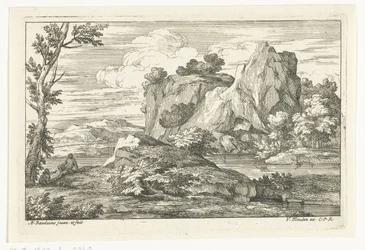 Landschap met grote rots bij een rivier
