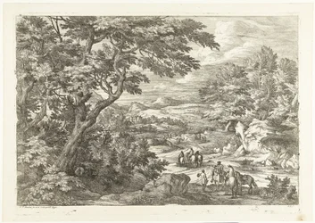 Landschap met jagers op weg naar huis, in de verte een kasteel
