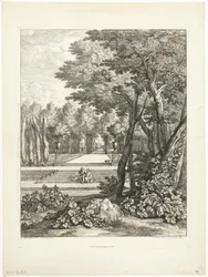 Landschap met paar, zittend op een trap in de tuin