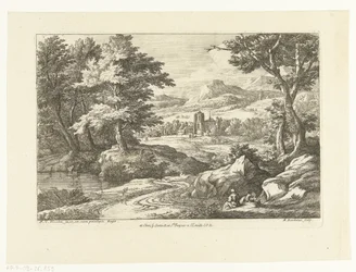 Landschap met twee figuren langs een weg, in de verte een kerk