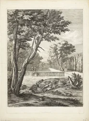 Landschap met twee mannen bij een fontein