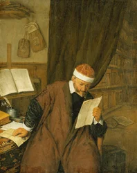Een advocaat zittend aan een bureau die een brief leest, een bibliotheek daarachter, 1668