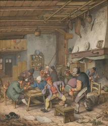Kamer in een herberg met boeren die drinken, roken en backgammon spelen