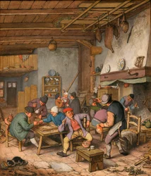 Kamer in een herberg met boeren die drinken, roken en backgammon spelen