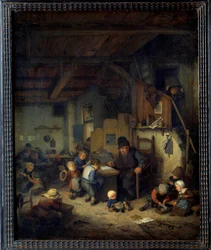 De schoolmeester. Klassenscène, een oude leraar met jonge leerlingen tegen geliefde achtergronden. 1662. H. 0,4 x 0,32 m