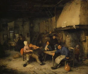 Vioolspeler en drinkende boeren in een taverne, 1663