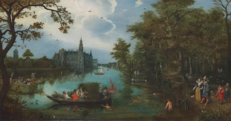 Zomers landschap met bootje en baders